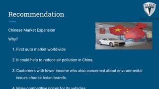 Recommendation
Chinese Market Expansion
Why?
1. First auto market worldwide
2. It could help to reduce air pollution in China.
3. Customers with lower income who also concerned about environmental
issues choose Asian brands.
 
