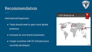 Recommendation
International Expansion:
● Tesla should seek to gain more global
presence.
● Increase its own brand awareness.
● Target countries with EV infrastructure
currently developed.
 