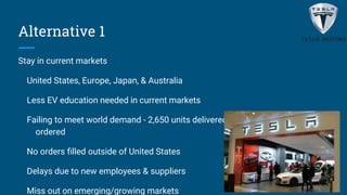 Alternative 1
Stay in current markets
United States, Europe, Japan, & Australia
Less EV education needed in current markets
Failing to meet world demand - 2,650 units delivered / 15,000
ordered
No orders filled outside of United States
Delays due to new employees & suppliers
Miss out on emerging/growing markets
 