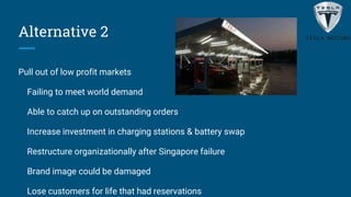 Alternative 2
Pull out of low profit markets
Failing to meet world demand
Able to catch up on outstanding orders
Increase investment in charging stations & battery swap
Restructure organizationally after Singapore failure
Brand image could be damaged
Lose customers for life that had reservations
 