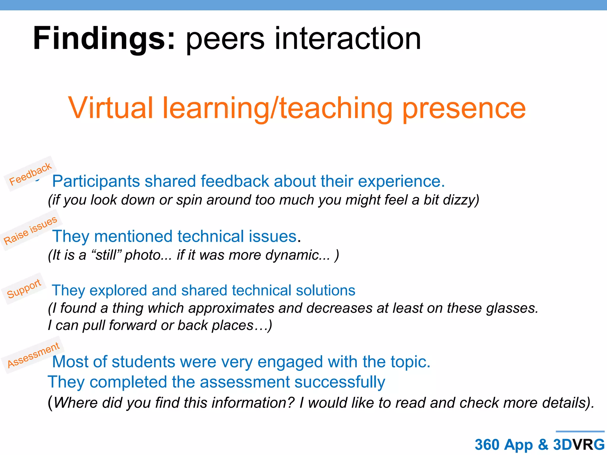 Virtual learning/teaching presence
• Participants shared feedback about their experience.
(if you look down or spin around too much you might feel a bit dizzy)
• They mentioned technical issues.
(It is a “still” photo... if it was more dynamic... )
• They explored and shared technical solutions
(I found a thing which approximates and decreases at least on these glasses.
I can pull forward or back places…)
• Most of students were very engaged with the topic.
They completed the assessment successfully
(Where did you find this information? I would like to read and check more details).
Findings: peers interaction
360 App & 3DVRG
 