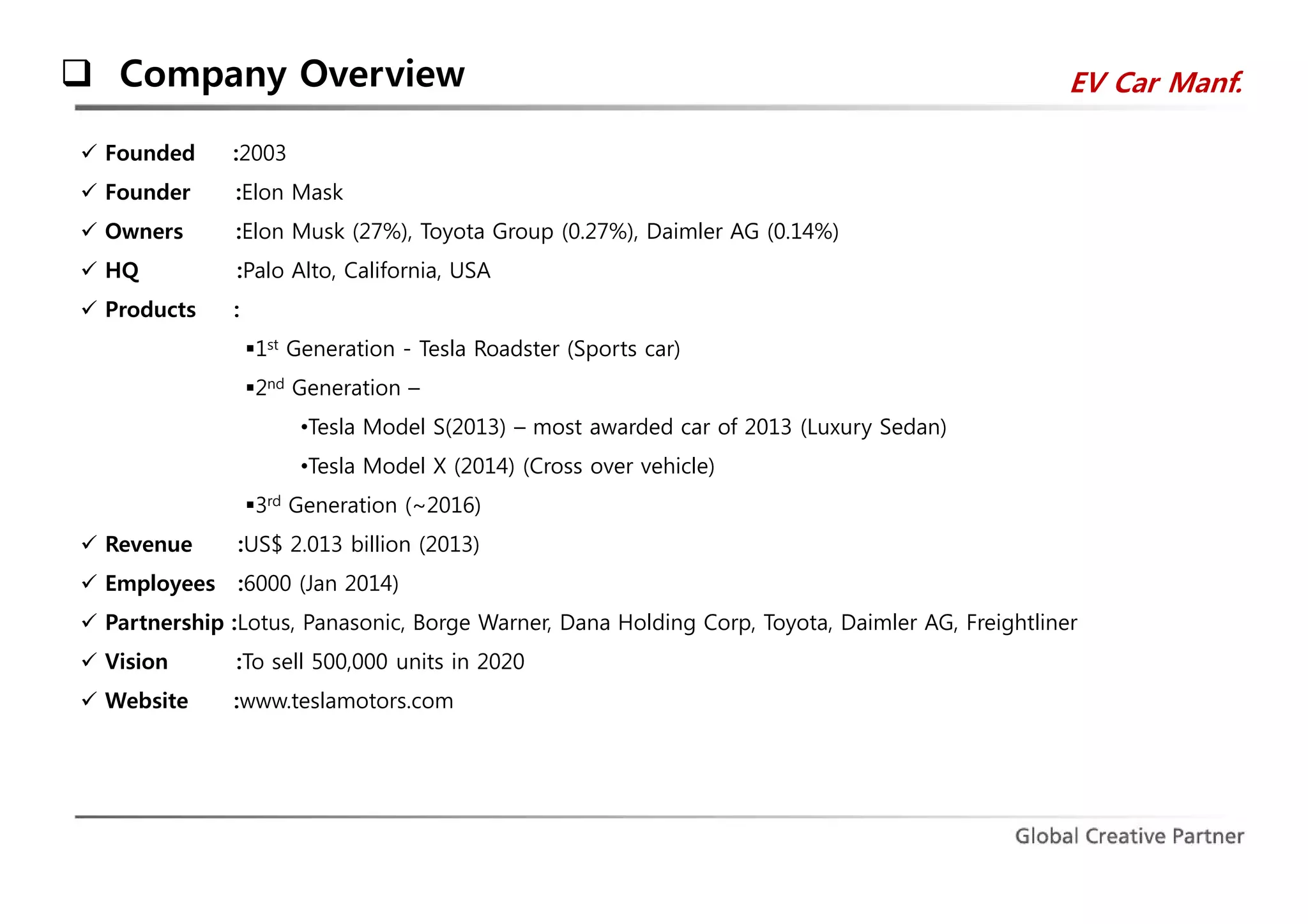  Company Overview 
 Founded :2003 
 Founder :Elon Mask 
 Owners :Elon Musk (27%), Toyota Group (0.27%), Daimler AG (0.14%) 
 HQ :Palo Alto, California, USA 
 Products : 
1st Generation - Tesla Roadster (Sports car) 
2nd Generation – 
•Tesla Model S(2013) – most awarded car of 2013 (Luxury Sedan) 
•Tesla Model X (2014) (Cross over vehicle) 
3rd Generation (~2016) 
EV Car Manf. 
 Revenue :US$ 2.013 billion (2013) 
 Employees :6000 (Jan 2014) 
 Partnership :Lotus, Panasonic, Borge Warner, Dana Holding Corp, Toyota, Daimler AG, Freightliner 
 Vision :To sell 500,000 units in 2020 
 Website :www.teslamotors.com 
 