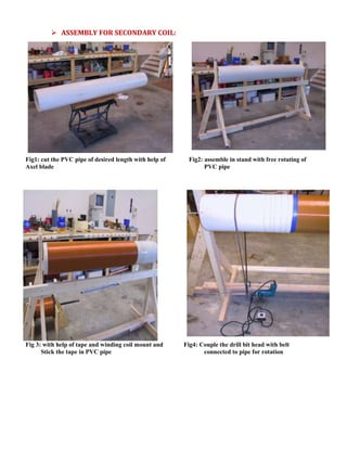  ASSEMBLY FOR SECONDARY COIL:
Fig1: cut the PVC pipe of desired length with help of Fig2: assemble in stand with free rotating of
Axel blade PVC pipe
Fig 3: with help of tape and winding coil mount and Fig4: Couple the drill bit head with belt
Stick the tape in PVC pipe connected to pipe for rotation
 