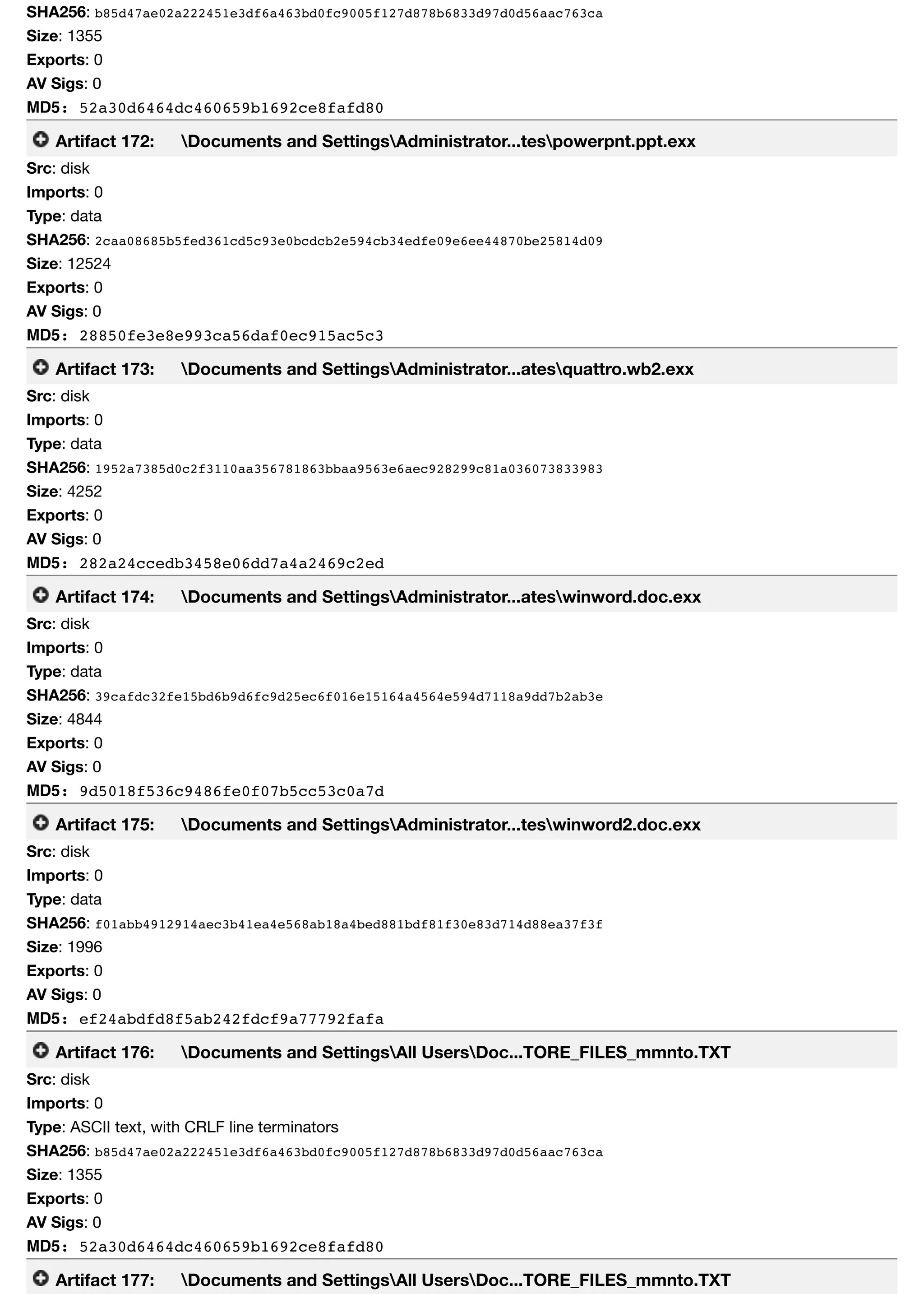 SHA256: b85d47ae02a222451e3df6a463bd0fc9005f127d878b6833d97d0d56aac763ca
Size: 1355
Exports: 0
AV Sigs: 0
MD5: 52a30d6464dc460659b1692ce8fafd80
Artifact 172: Documents and SettingsAdministrator...tespowerpnt.ppt.exx
Src: disk
Imports: 0
Type: data
SHA256: 2caa08685b5fed361cd5c93e0bcdcb2e594cb34edfe09e6ee44870be25814d09
Size: 12524
Exports: 0
AV Sigs: 0
MD5: 28850fe3e8e993ca56daf0ec915ac5c3
Artifact 173: Documents and SettingsAdministrator...atesquattro.wb2.exx
Src: disk
Imports: 0
Type: data
SHA256: 1952a7385d0c2f3110aa356781863bbaa9563e6aec928299c81a036073833983
Size: 4252
Exports: 0
AV Sigs: 0
MD5: 282a24ccedb3458e06dd7a4a2469c2ed
Artifact 174: Documents and SettingsAdministrator...ateswinword.doc.exx
Src: disk
Imports: 0
Type: data
SHA256: 39cafdc32fe15bd6b9d6fc9d25ec6f016e15164a4564e594d7118a9dd7b2ab3e
Size: 4844
Exports: 0
AV Sigs: 0
MD5: 9d5018f536c9486fe0f07b5cc53c0a7d
Artifact 175: Documents and SettingsAdministrator...teswinword2.doc.exx
Src: disk
Imports: 0
Type: data
SHA256: f01abb4912914aec3b41ea4e568ab18a4bed881bdf81f30e83d714d88ea37f3f
Size: 1996
Exports: 0
AV Sigs: 0
MD5: ef24abdfd8f5ab242fdcf9a77792fafa
Artifact 176: Documents and SettingsAll UsersDoc...TORE_FILES_mmnto.TXT
Src: disk
Imports: 0
Type: ASCII text, with CRLF line terminators
SHA256: b85d47ae02a222451e3df6a463bd0fc9005f127d878b6833d97d0d56aac763ca
Size: 1355
Exports: 0
AV Sigs: 0
MD5: 52a30d6464dc460659b1692ce8fafd80
Artifact 177: Documents and SettingsAll UsersDoc...TORE_FILES_mmnto.TXT
 