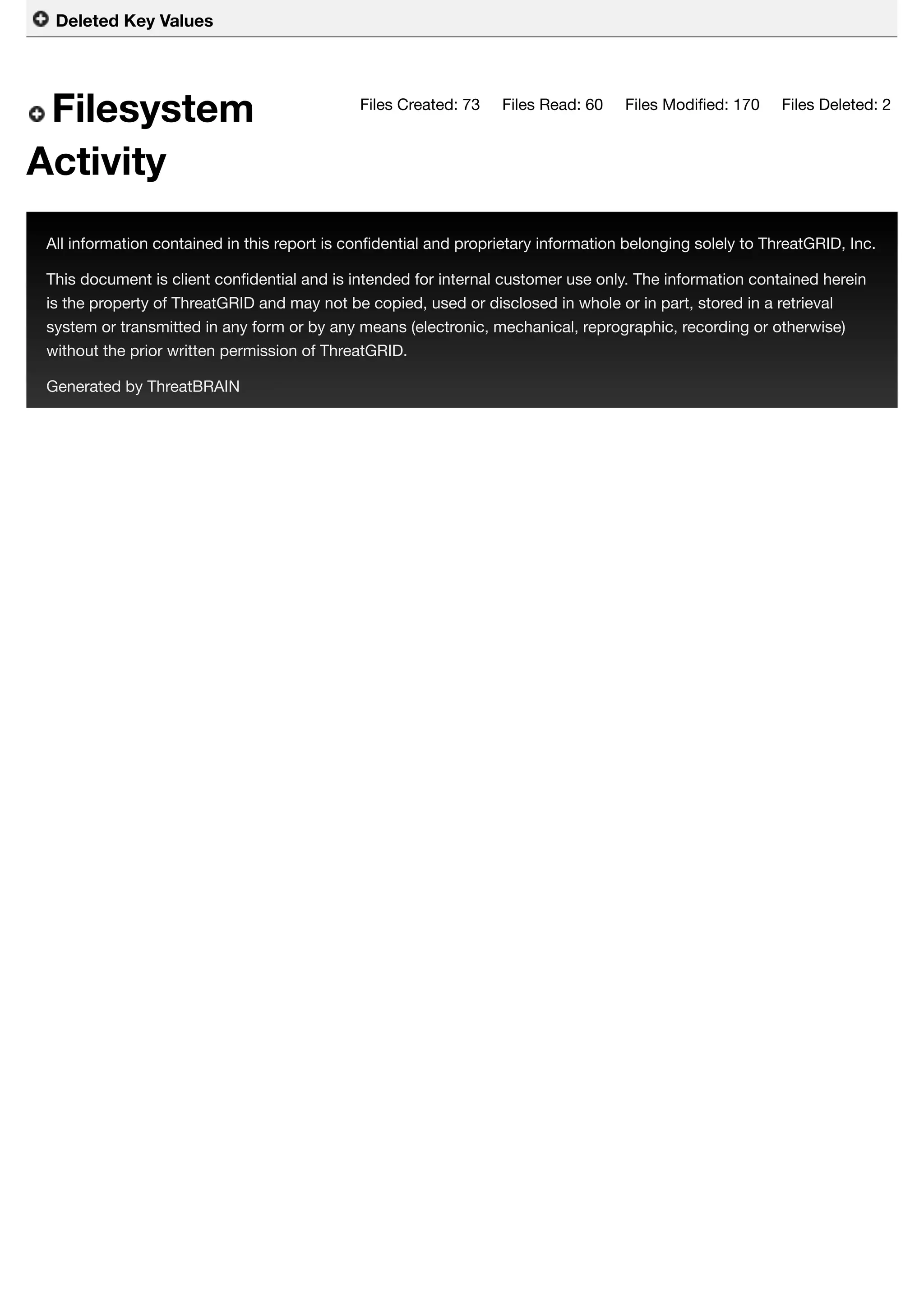 Files Created: 73 Files Read: 60 Files Modiﬁed: 170 Files Deleted: 2
Deleted Key Values
Filesystem
Activity
All information contained in this report is conﬁdential and proprietary information belonging solely to ThreatGRID, Inc.
This document is client conﬁdential and is intended for internal customer use only. The information contained herein
is the property of ThreatGRID and may not be copied, used or disclosed in whole or in part, stored in a retrieval
system or transmitted in any form or by any means (electronic, mechanical, reprographic, recording or otherwise)
without the prior written permission of ThreatGRID.
Generated by ThreatBRAIN
 