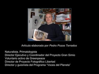 Artículo elaborado por Pedro Pozas Terrados

Naturalista. Primatologista
Director Ejecutivo y Coordinador del Proyecto Gran Simio
Voluntario activo de Greenpeace
Director de Proyecto Fotográfico Libertad
Director y guionista del Programa “Voces del Planeta”
 