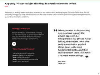 33
Reasoning by analogy means replicating experiences and ideas that are widely accepted. To create Tesla, Musk did not
reason by analogy and never made assumptions. He used what he calls “First Principles Thinking” to challenge the status
quo and solve complex problems.
“First Principles Thinking”
Yes, batteries are very expensive.
How can their price be reduced?
What is a battery made of?
Where can its materialconstituents be
bought at the best price?
Analogy = status quo
Electric vehicles are not desired because they
are less powerful, not as attractive astraditional
cars, less convenient. Moreover, the cost of
battery manufacturing is too expensive.
Applying “First Principles Thinking” to override common beliefs
VS
When you want to do something
new, you have to apply the
physics approach. […]
First principles is a physics way of
looking at the world…what that
really means is that you boil
things down to the most
fundamental truths…and then
reason up from there…that takes
a lot more mental energy .
“
’’Elon Musk,
Tesla, CEO
 