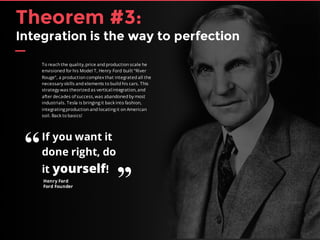 37
Henry Ford
Ford Founder
To reach the quality, price and production scale he
envisioned for his Model T, Henry Ford built “River
Rouge”, a production complex that integrated all the
necessary skills and elements to build his cars. This
strategy was theorized as verticalintegration, and
after decades of success, was abandoned by most
industrials. Tesla is bringing it back into fashion,
integrating production and locating it on American
soil. Back to basics!
If you want it
done right, do
it yourself!
“
’’
Theorem #3:
Integration is the way to perfection
 