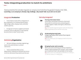 38
Tesla: Integrating production to match its ambitions
Integrated Production
• Tesla made an early shift to integration of
key components in its Fremont factory (seats,
high-voltage cables, displays, fuses, and other
smaller systems).
• A large part of Tesla’s suppliersare based
in the San Francisco Bay Area or have opened
factories there to meet Tesla’s needs.
Tesla launched the first vertically integrated car company since Ford’s River Rouge plant’s heyday in the 1920s.
Launching a car company is already a big challenge, why would Tesla try to do it on its own?
Rethinking Organization
• All teams (design, assembly, engineering)
work in the same factory in constant
interaction.
• Tesla created dataflows across
departments, making sure everyone has access
to all the information they need to do their job.
But why integrate?
Sharing information faster
Launching a new product presents a team with
thousands of small decisions and working with
foreign suppliers makes sharing this information
complex.
E.g. Tesla had the engineering team walk into the factory
gathering feedbacks from workers every day.
Accelerating learning cycles
Integrating enables faster cycles of learning and
improvement.
E.g. Tesla made over 50 changes per week to the same
car model.
Bringing frontier tech to market
When you build something yourself, you develop a
deeper understanding of your product, and it enables
you to build tech that is not available on the market.
E.g. Tesla’s ludicrous mode (fullacceleration)is a result of
its internal research in safety fuses.
Sources: Wired, Greg Reichow (ex VP of production)
 