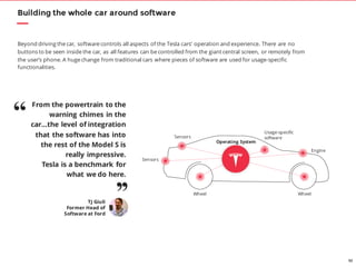 52
Beyond driving the car, software controls all aspects of the Tesla cars’ operation and experience. There are no
buttons to be seen inside the car, as all features can be controlled from the giant central screen, or remotely from
the user’s phone. A huge change from traditional cars where pieces of software are used for usage-specific
functionalities.
Building the whole car around software
From the powertrain to the
warning chimes in the
car…the level of integration
that the software has into
the rest of the Model S is
really impressive.
Tesla is a benchmark for
what we do here.
TJ Giuli
Former Head of
Software at Ford
“
’’
Operating System
Wheel
Engine
Sensors
Usage-specific
software
Sensors
Wheel
 