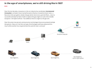 8
Over the last decades, innovation in the car industry has mainly been incremental
innovation: carmakers have mainly focused on feature innovation (more room, a
few extra miles per gallon, sleeker design, better electronics, particle filters…) but no
successful attempt has been made to replacethe gas engine at scale. One notable
exception - the hybrid vehicle – has added an electric engine to the gas one.
Over the same time period, communication technologies have encountered multiple
disruptions. How can it be that one type of technology could have advanced this
much while another has stayed almostthe same for over a century?
In the age of smartphones, we’re still driving like in 1907
Gas Engine V1 Gas Engine V2 Gas Engine V3
Gas Engine Vn
+ Electric Engine (hybrid)
Radio
TV
Smartphone
Personal Computer
 