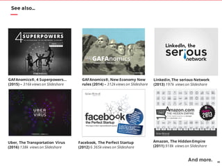 84
Facebook, The Perfect Startup
(2012) 6 365k views on Slideshare
Amazon, The Hidden Empire
(2011) 918k views on Slideshare
•••
Three digital engines to reshape
and dominate retail
mazon.com
THE HIDDEN EMPIRE
Linkedin,The serious Network
(2013) 197k views on Slideshare
And more.
GAFAnomics®, New Economy New
rules (2014) – 312k views on Slideshare
GAFAnomics®, 4 Superpowers…
(2015) – 316k views on Slideshare
See also…
Uber, The Transportation Virus
(2016) 138k views on Slideshare
 