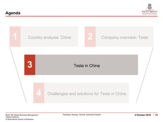 IBUS 705 Global Business Management
Tatiana Kostova
© Darla Moore School of Business
Parellada, Ramsay, Schinle, Schmidt & Shahib 154 October 2018
Agenda
1 Country analysis: China 2 Company overview: Tesla
3 Tesla in China
4 Challenges and solutions for Tesla in China
 