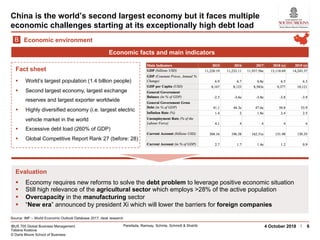 IBUS 705 Global Business Management
Tatiana Kostova
© Darla Moore School of Business
Parellada, Ramsay, Schinle, Schmidt & Shahib 64 October 2018
China is the world’s second largest economy but it faces multiple
economic challenges starting at its exceptionally high debt load
Source: IMF – World Economic Outlook Database 2017, desk research
Economic environmentB
Evaluation
Fact sheet
§ Economy requires new reforms to solve the debt problem to leverage positive economic situation
§ Still high relevance of the agricultural sector which employs >28% of the active population
§ Overcapacity in the manufacturing sector
§ “New era” announced by president Xi which will lower the barriers for foreign companies
§ World’s largest population (1.4 billion people)
§ Second largest economy, largest exchange
reserves and largest exporter worldwide
§ Highly diversified economy (i.e. largest electric
vehicle market in the world
§ Excessive debt load (260% of GDP)
§ Global Competitive Report Rank 27 (before: 28)
Economic facts and main indicators
 