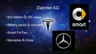 Daimler AG
• $50 Million for 9% stake
• Battery packs & chargers
• Smart ForTwo
• Mercedes B-Class
 