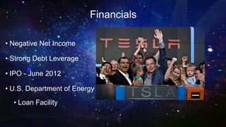 Financials
• Negative Net Income
• Strong Debt Leverage
• IPO - June 2012
• U.S. Department of Energy
• Loan Facility
 