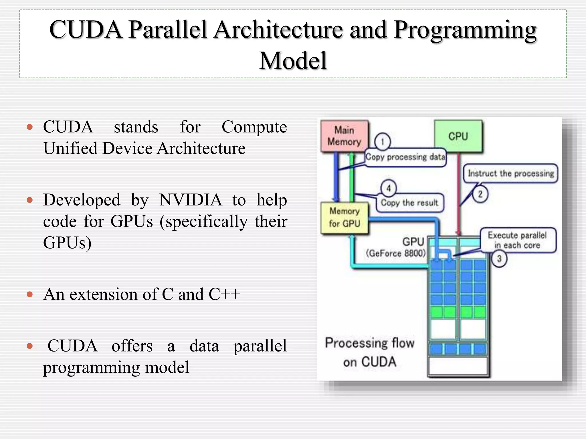 CUDA Parallel Architecture and Programming
Model
 CUDA stands for Compute
Unified Device Architecture
 Developed by NVIDIA to help
code for GPUs (specifically their
GPUs)
 An extension of C and C++
 CUDA offers a data parallel
programming model
 