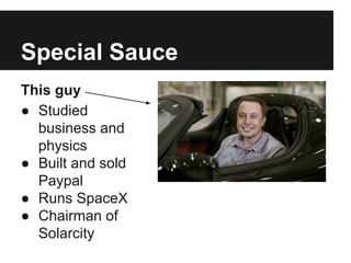 Special Sauce
This guy
● Studied
business and
physics
● Built and sold
Paypal
● Runs SpaceX
● Chairman of
Solarcity
 
