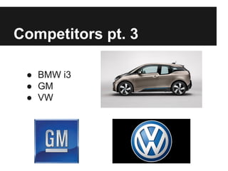 Competitors pt. 3
● BMW i3
● GM
● VW
 