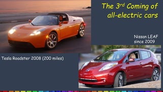 Nissan LEAF
since 2009
Tesla Roadster 2008 (200 miles)
The 3rd Coming of
all-electric cars
 