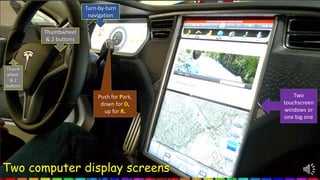Push for Park,
down for D,
up for R.
Two computer display screens
Turn-by-turn
navigation
Two
touchscreen
windows or
one big one
Thumbwheel
& 2 buttons
Thumb
wheel
& 2
buttons
 