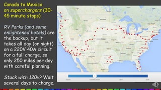 Canada to Mexico
on superchargers (30-
45 minute stops)
RV Parks (and some
enlightened hotels) are
the backup, but it
takes all day (or night)
on a 220V 40A circuit
for a full charge, so
only 250 miles per day
with careful planning.
Stuck with 120v? Wait
several days to charge. December 2013
 