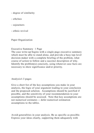 - degree of similarity
- ethclass
- sojourners
- ethnic revival
Paper Organization
Executive Summary 1 Page
The case write-up begins with a single-page executive summary
which must be able to stand alone, and provide a busy top-level
decision-maker with a complete briefing of the problem, what
course of action to follow and a succinct description of why.
Identify the problem(s) concisely, using whatever case facts are
necessary to show significance and/or priority.
Analysis1-3 pages
Give a short list of the key assumptions you make in your
analysis, the logic of your argument leading to your conclusion
and the proposed solution. Assumptions should be justified if
possible, and the sensitivity of your recommendation to your
assumptions should be assessed. Note that key assumptions are
not numerical estimates -- defer numerical estimation
assumptions to the tables.
Avoid generalities in your analysis. Be as specific as possible.
Express your ideas clearly, supporting them adequately with
 