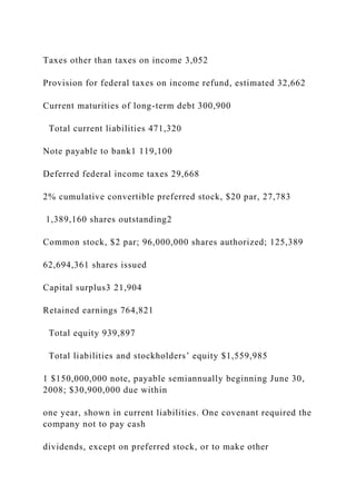 Taxes other than taxes on income 3,052
Provision for federal taxes on income refund, estimated 32,662
Current maturities of long-term debt 300,900
Total current liabilities 471,320
Note payable to bank1 119,100
Deferred federal income taxes 29,668
2% cumulative convertible preferred stock, $20 par, 27,783
1,389,160 shares outstanding2
Common stock, $2 par; 96,000,000 shares authorized; 125,389
62,694,361 shares issued
Capital surplus3 21,904
Retained earnings 764,821
Total equity 939,897
Total liabilities and stockholders’ equity $1,559,985
1 $150,000,000 note, payable semiannually beginning June 30,
2008; $30,900,000 due within
one year, shown in current liabilities. One covenant required the
company not to pay cash
dividends, except on preferred stock, or to make other
 