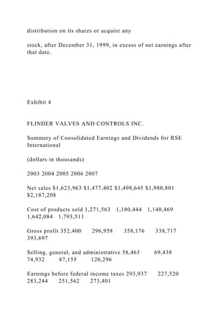 distribution on its shares or acquire any
stock, after December 31, 1999, in excess of net earnings after
that date.
Exhibit 4
FLINDER VALVES AND CONTROLS INC.
Summary of Consolidated Earnings and Dividends for RSE
International
(dollars in thousands)
2003 2004 2005 2006 2007
Net sales $1,623,963 $1,477,402 $1,498,645 $1,980,801
$2,187,208
Cost of products sold 1,271,563 1,180,444 1,140,469
1,642,084 1,793,511
Gross profit 352,400 296,958 358,176 338,717
393,697
Selling, general, and administrative 58,463 69,438
74,932 87,155 120,296
Earnings before federal income taxes 293,937 227,520
283,244 251,562 273,401
 