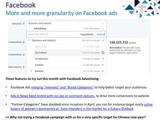 Facebook
More and more granularity on Facebook ads

Three features to try out this month with Facebook Advertising:
•

Facebook Ads merging "Interests" and "Broad Categories" to help better target your audiences

•

Ads in News Feed tested with no Like or comment options, to drive more conversions to website

•

“Partner Categories” have doubled since inception in April, you can for instance target easily active
buyers of women's accessories or Auto intenders in the market for a Subaru Outback

=> Why not trying a Facebook campaign with us for a very specific target for Chinese new year?

 