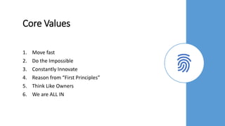 Core Values
1. Move fast
2. Do the Impossible
3. Constantly Innovate
4. Reason from “First Principles”
5. Think Like Owners
6. We are ALL IN
 