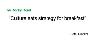 “Culture eats strategy for breakfast”
-Peter Drucker
The Rocky Road
 