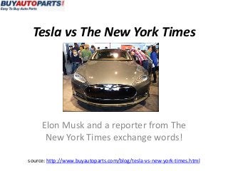 Tesla vs The New York Times




     Elon Musk and a reporter from The
      New York Times exchange words!

source: http://www.buyautoparts.com/blog/tesla-vs-new-york-times.html
 