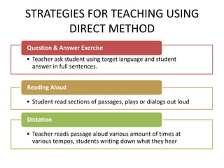 STRATEGIES FOR TEACHING USING
       DIRECT METHOD
Question & Answer Exercise
• Teacher ask student using target language and student
  answer in full sentences.


Reading Aloud

• Student read sections of passages, plays or dialogs out loud

Dictation

• Teacher reads passage aloud various amount of times at
  various tempos, students writing down what they hear
 