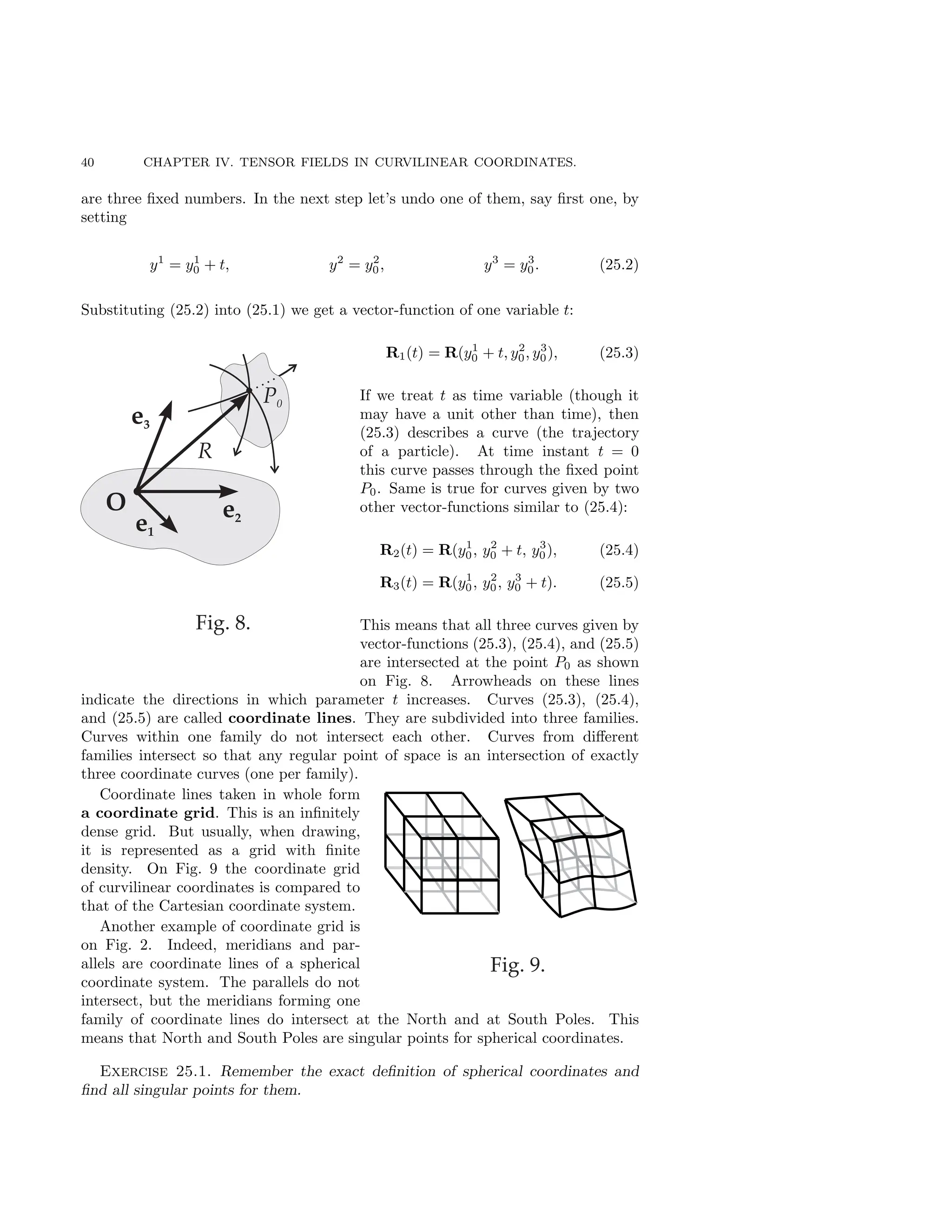 40 CHAPTER IV. TENSOR FIELDS IN CURVILINEAR COORDINATES.
are three fixed numbers. In the next step let’s undo one of them, say first one, by
setting
y1
= y1
0 + t, y2
= y2
0, y3
= y3
0. (25.2)
Substituting (25.2) into (25.1) we get a vector-function of one variable t:
R1(t) = R(y1
0 + t, y2
0, y3
0), (25.3)
If we treat t as time variable (though it
may have a unit other than time), then
(25.3) describes a curve (the trajectory
of a particle). At time instant t = 0
this curve passes through the fixed point
P0. Same is true for curves given by two
other vector-functions similar to (25.4):
R2(t) = R(y1
0, y2
0 + t, y3
0), (25.4)
R3(t) = R(y1
0, y2
0, y3
0 + t). (25.5)
This means that all three curves given by
vector-functions (25.3), (25.4), and (25.5)
are intersected at the point P0 as shown
on Fig. 8. Arrowheads on these lines
indicate the directions in which parameter t increases. Curves (25.3), (25.4),
and (25.5) are called coordinate lines. They are subdivided into three families.
Curves within one family do not intersect each other. Curves from different
families intersect so that any regular point of space is an intersection of exactly
three coordinate curves (one per family).
Coordinate lines taken in whole form
a coordinate grid. This is an infinitely
dense grid. But usually, when drawing,
it is represented as a grid with finite
density. On Fig. 9 the coordinate grid
of curvilinear coordinates is compared to
that of the Cartesian coordinate system.
Another example of coordinate grid is
on Fig. 2. Indeed, meridians and par-
allels are coordinate lines of a spherical
coordinate system. The parallels do not
intersect, but the meridians forming one
family of coordinate lines do intersect at the North and at South Poles. This
means that North and South Poles are singular points for spherical coordinates.
Exercise 25.1. Remember the exact definition of spherical coordinates and
find all singular points for them.
 