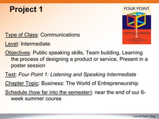 Project 1
Type of Class: Communications
Level: Intermediate
Objectives: Public speaking skills, Team building, Learning
the process of designing a product or service, Present in a
poster session
Text: Four Point 1: Listening and Speaking Intermediate
Chapter Topic: Business: The World of Entrepreneurship
Schedule (how far into the semester): near the end of our 6-
week summer course
 