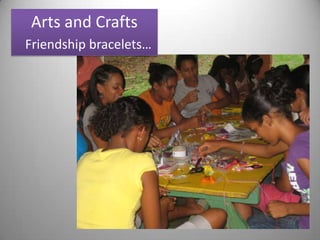 Daily Schedule of Activities7:30-8:30         Breakfast8:30-12:00       English Class12:00-12:30     Free time/Debriefing with teachers12:30-1:30       Lunch1:30-3:00         Siesta, quiet activities 3:00-4:30         Community/Group Building Activities(Teacher-training sessions/lesson planning, prep)4:30-6:00         Free Choice Activities: sports, arts and crafts, mask making, etc.6:30-7:30         Dinner7:30-9:00         Evening Fun Activities10:00               Lights out