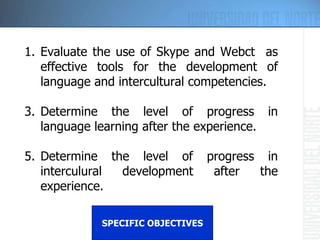 SPECIFIC OBJECTIVES Evaluate the use of Skype and Webct  as effective tools for the development of language and intercultural competencies. Determine the level of progress in language learning after the experience. Determine the level of progress in interculural development after the experience. 