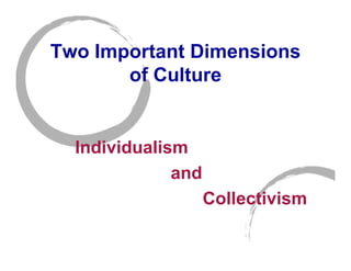 Two Important Dimensions
       of Culture


  Individualism
              and
                    Collectivism
 