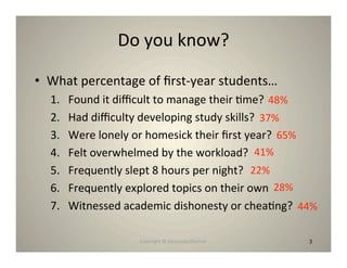 Do you know?

• What percentage of ﬁrst‐year students…
  1.   Found it diﬃcult to manage their 8me?  48%
  2.   Had diﬃculty developing study skills?  37%
  3.   Were lonely or homesick their ﬁrst year?  65%
  4.   Felt overwhelmed by the workload?  41%
  5.   Frequently slept 8 hours per night?  22%
  6.   Frequently explored topics on their own  28%
  7.   Witnessed academic dishonesty or chea8ng?  44%

                    Copyright © Desnouée/Bonner    3
 