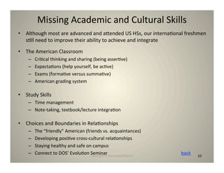 Missing Academic and Cultural Skills
•   Although most are advanced and ahended US HSs, our interna8onal freshmen
    s8ll need to improve their ability to achieve and integrate

•   The American Classroom
     –   Cri8cal thinking and sharing (being asser8ve)
     –   Expecta8ons (help yourself, be ac8ve)
     –   Exams (forma8ve versus summa8ve)
     –   American grading system

•   Study Skills
     – Time management
     – Note‐taking, textbook/lecture integra8on

•   Choices and Boundaries in Rela8onships
     –   The “friendly” American (friends vs. acquaintances)
     –   Developing posi8ve cross‐cultural rela8onships
     –   Staying healthy and safe on campus
     –   Connect to DOS’ Evolu8on Seminar
                                    Copyright © Desnouée/Bonner
                                                                  back   10
                                                                         10
 
