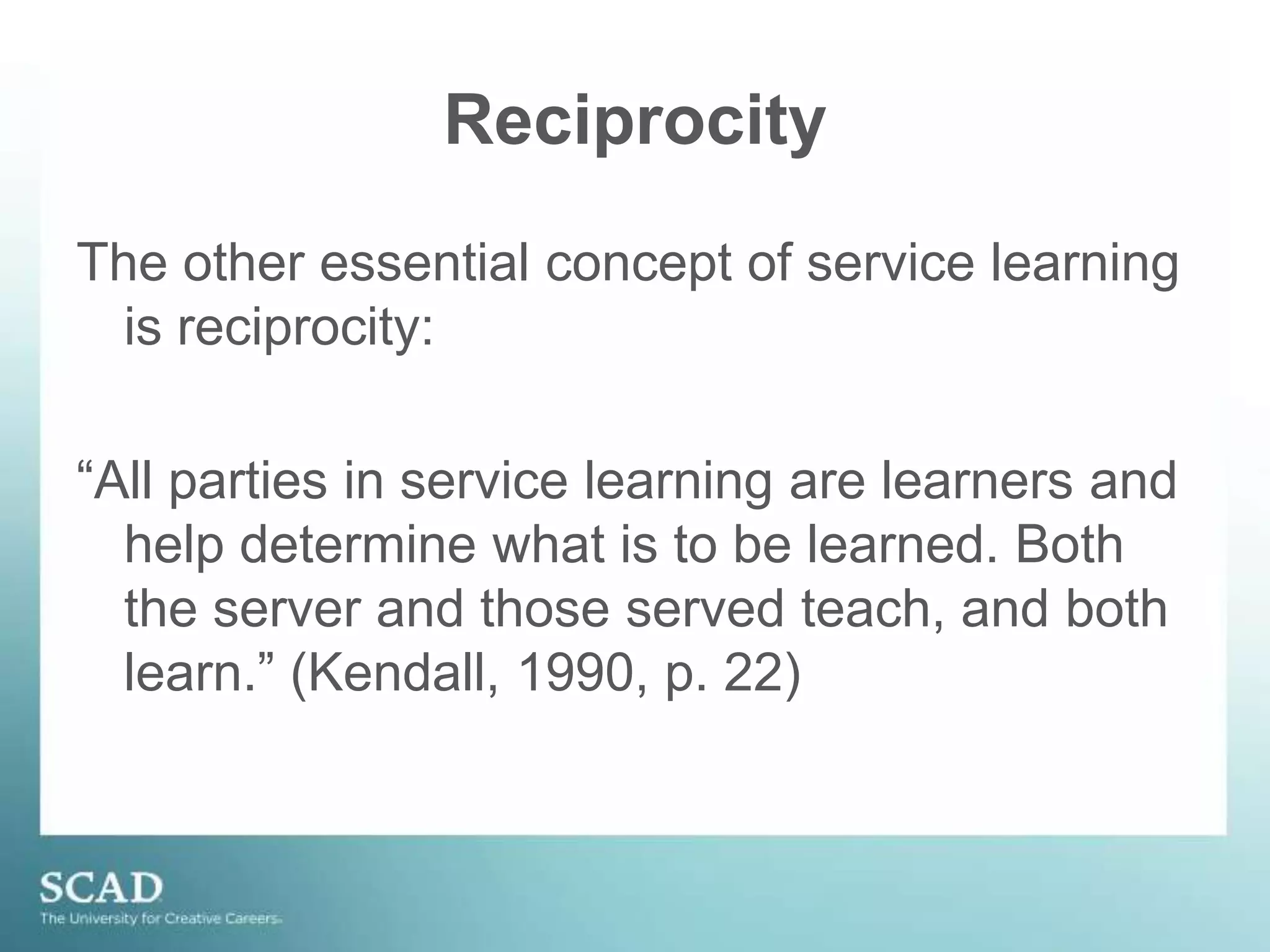 Reflection      “Learning and development do not necessarily occur as a result of experience itself but as a result of reflection explicitly designed to foster learning and development.”                           (Jacoby, 1996)