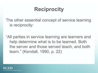 Reflection      “Learning and development do not necessarily occur as a result of experience itself but as a result of reflection explicitly designed to foster learning and development.”                           (Jacoby, 1996)