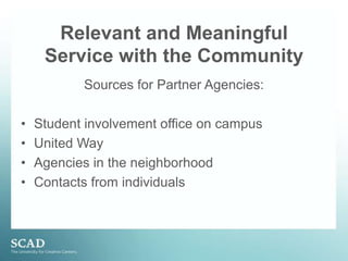 Three Necessary Criteria for Academic Service LearningSource: Service Learning Curriculum DevelopmentResource Guide for Faculty, CSU LONG BEACHCENTER FOR COMMUNITY ENGAGEMENT, p. 15http://www.csulb.edu/divisions/aa/personnel/cce/faculty/documents/ResourceGuideforFaculty0706_000.pdf