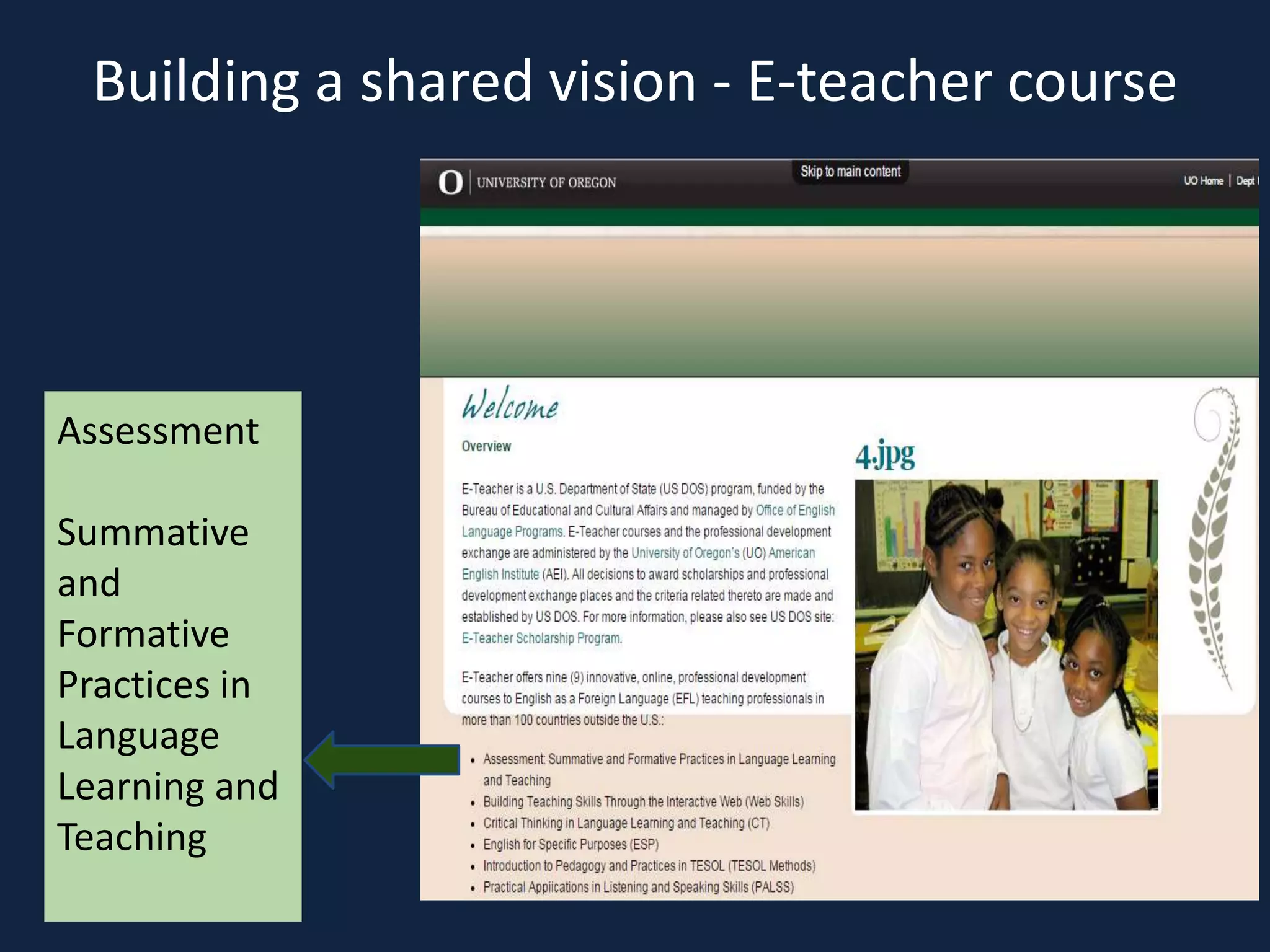 Building a shared vision - E-teacher course
Assessment
Summative
and
Formative
Practices in
Language
Learning and
Teaching
 