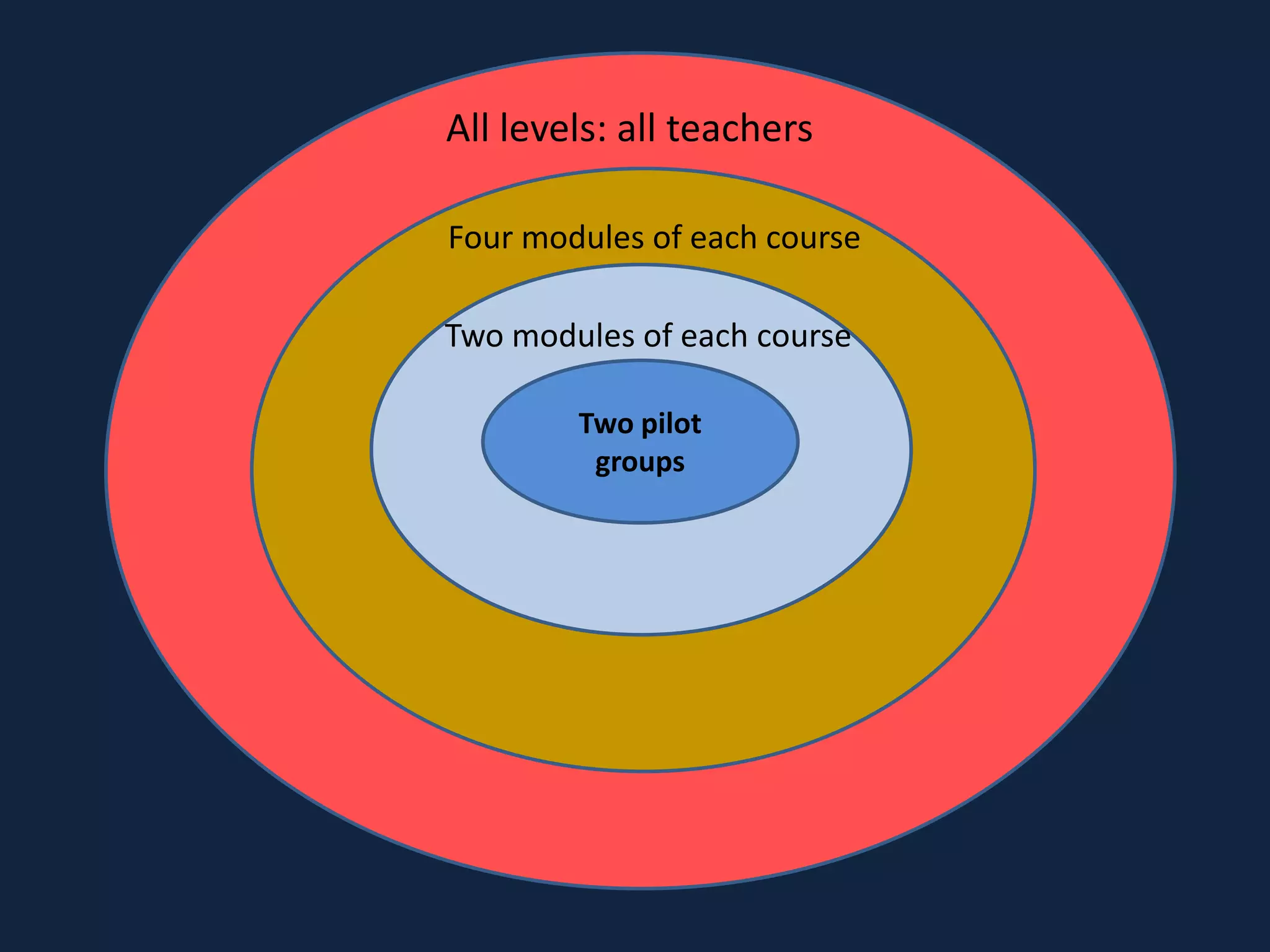 Two pilot
groups
Two modules of each course
Four modules of each course
All levels: all teachers
 