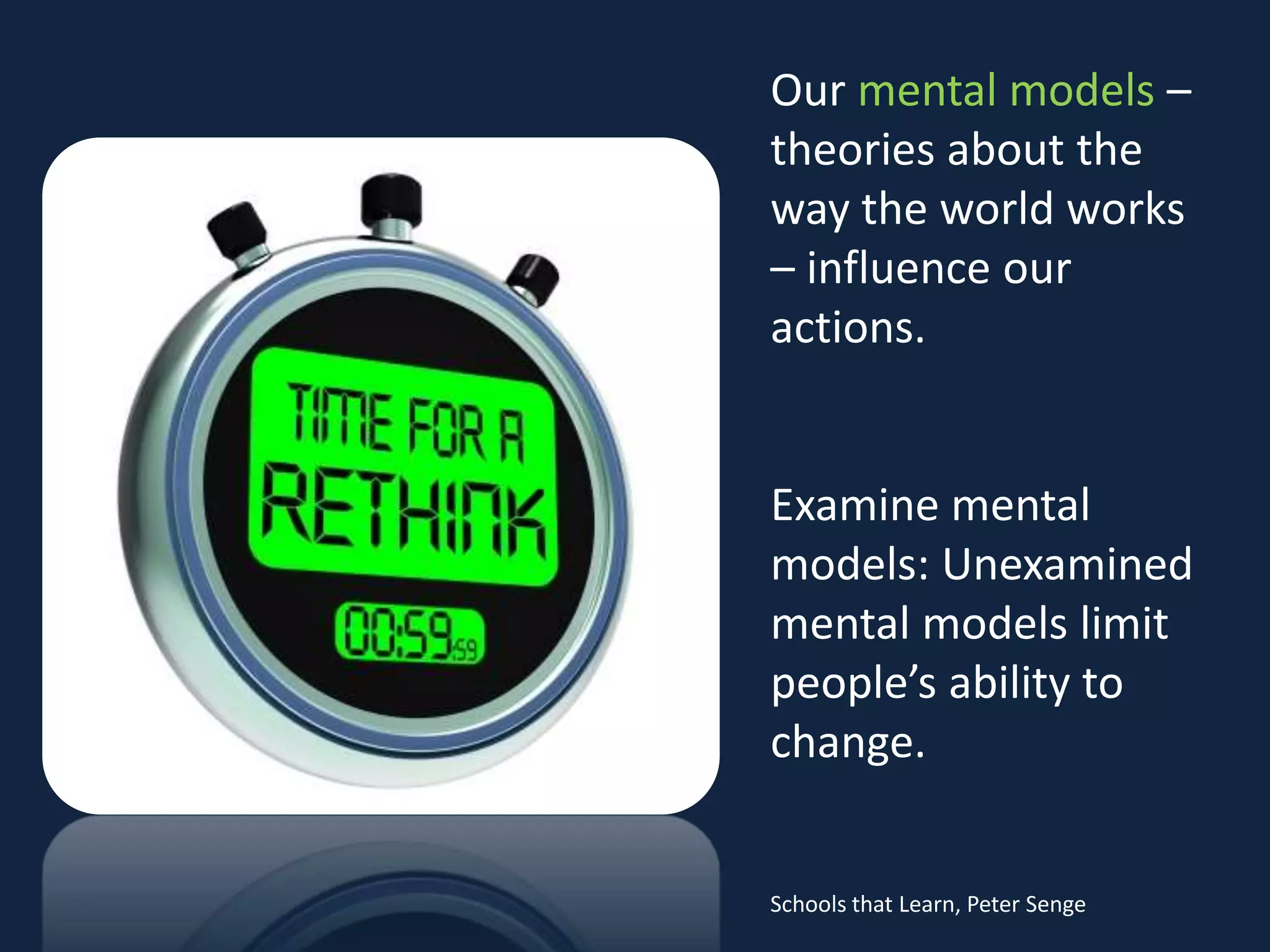 Our mental models –
theories about the
way the world works
– influence our
actions.
Examine mental
models: Unexamined
mental models limit
people’s ability to
change.
Schools that Learn, Peter Senge
 