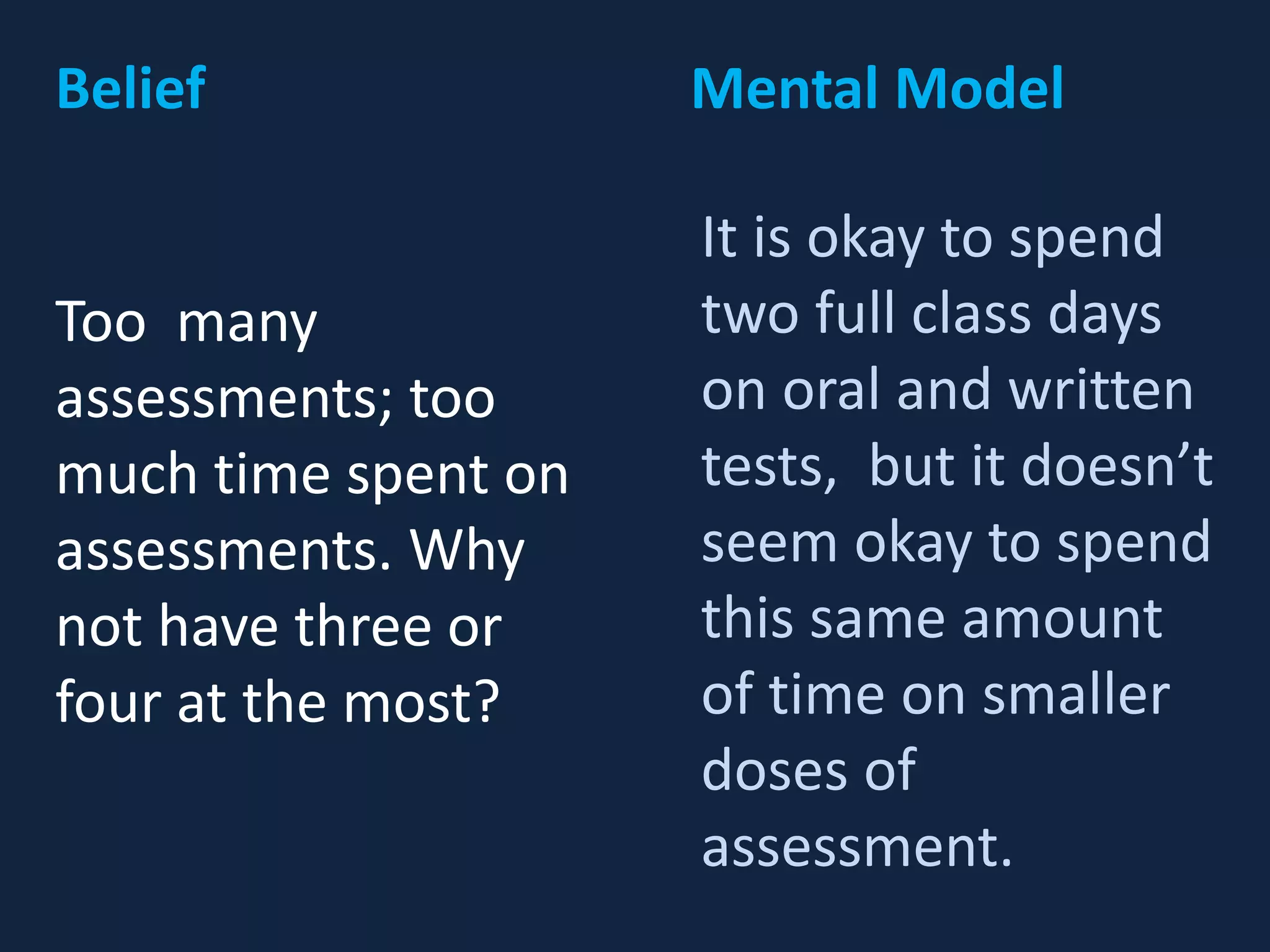 Too many
assessments; too
much time spent on
assessments. Why
not have three or
four at the most?
It is okay to spend
two full class days
on oral and written
tests, but it doesn’t
seem okay to spend
this same amount
of time on smaller
doses of
assessment.
Belief Mental Model
 