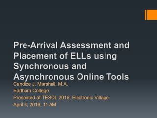 Candice J. Marshall, M.A.
Earlham College
Presented at TESOL 2016, Electronic Village
April 6, 2016, 11 AM
 