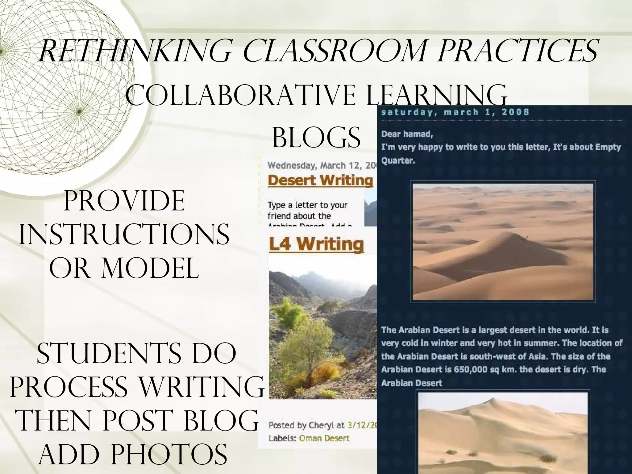 Rethinking Classroom Practices Collaborative Learning Blogs Provide instructions or Model Students do Process writing then Post Blog Add Photos  